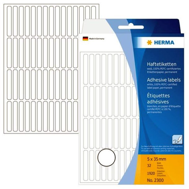 Herma etiketter - hvide p ark<br>5,0mmx35,0mm - 1920 etiketter<br>Permanent klbende