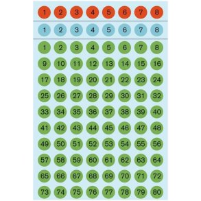 Herma tal 1-160 - selvklb - runde 8 mm - sort p assorteret farver - 6 ark - i alt 480 stickers