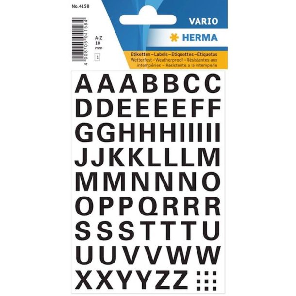 Herma bogstaver - A-Z - selvklbende - vejrbestandig - 10mm - sort - 1 ark - i alt 63 stickers