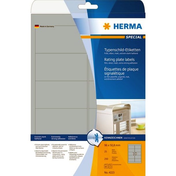 Herma IT-etiketter - slv p A4<br>96mmx50,8mm - 250 etiketter<br>ekstra strk og vejrbestandig