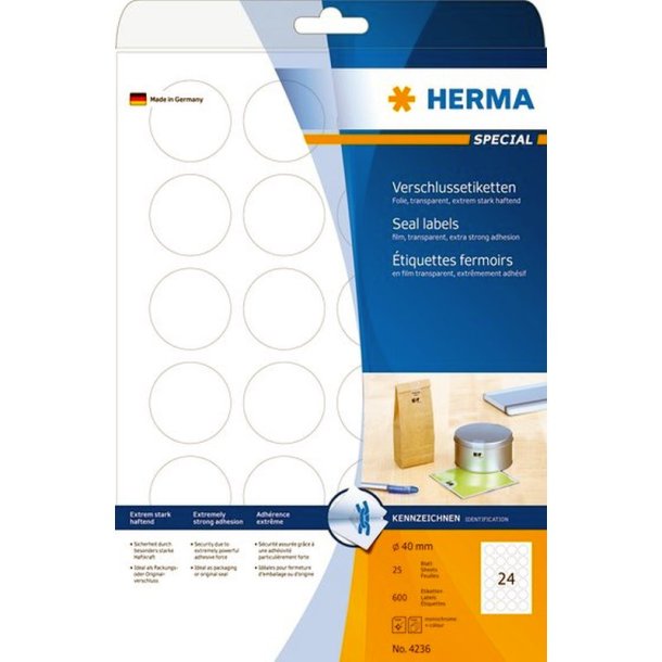 Herma 4236 runde selvklbende etiketter p ark - 40mm - 600 Transparent plomberings etiketter