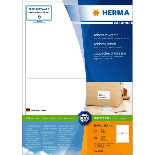 Herma adresseetiketter - p A4 ark<br>199,6mmx143,5mm - 200 etiketter<br>Premium permanent klb