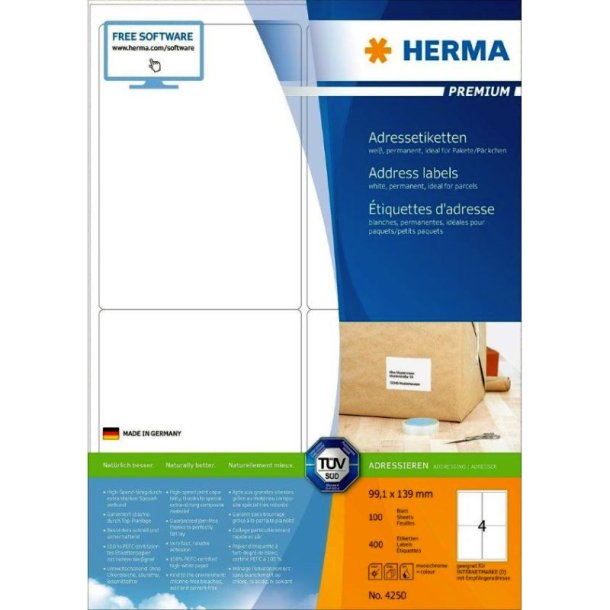 Herma adresseetiketter - p A4 ark<br>99,1mmx139,0mm - 400 etiketter<br>Premium permanent klb