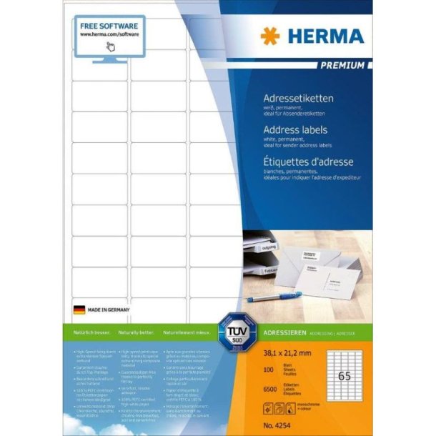 Herma adresseetiketter - p A4 ark<br>38,1mmx21,2mm- 6500 etiketter<br>Premium permanent klb