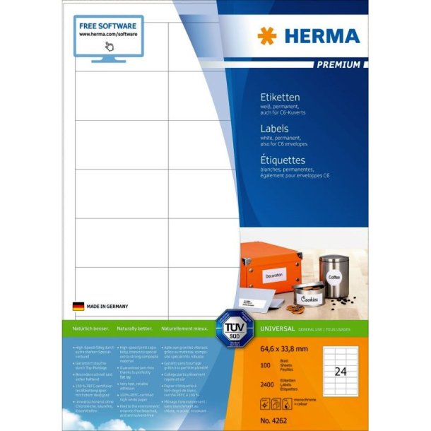 Herma etiketter - hvide p A4<br>64,6mmx33,8mm - 2400 etiketter<br>Premium Permanent klb