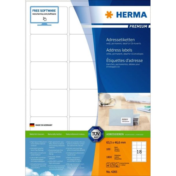 Herma etiketter - hvide p A4<br>63,5mmx46,6mm - 1800 etiketter<br>Premium permanent klb