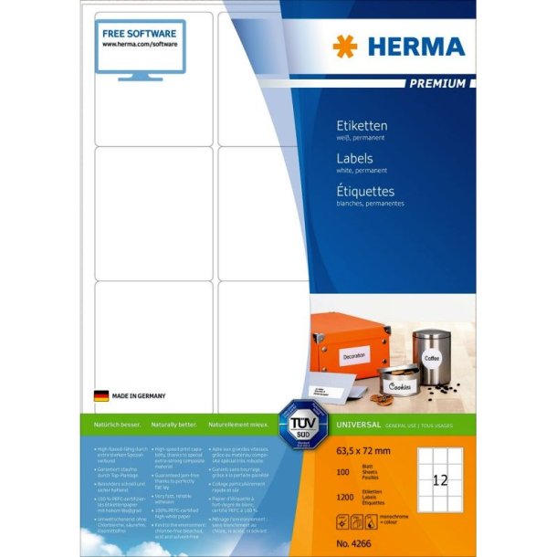 Herma etiketter - hvide p A4<br>63,5mmx72,0mm - 1200 etiketter<br>Premium permanent klb