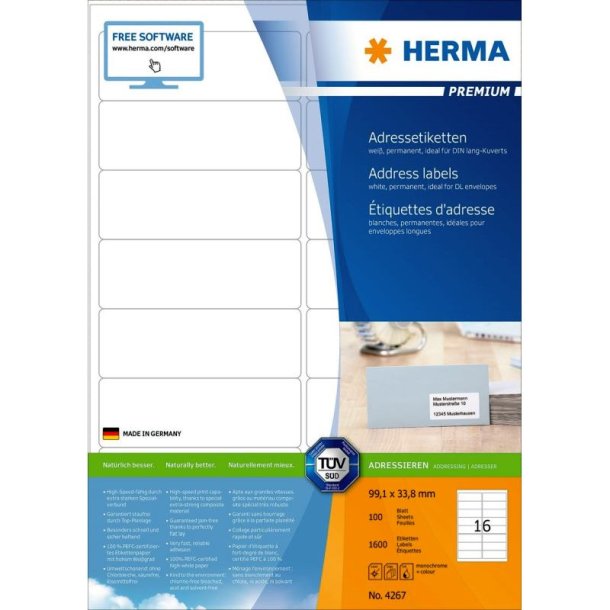 Herma etiketter - hvide p A4<br>99,1mmx33,8mm - 1600 etiketter<br>Premium permanent klb