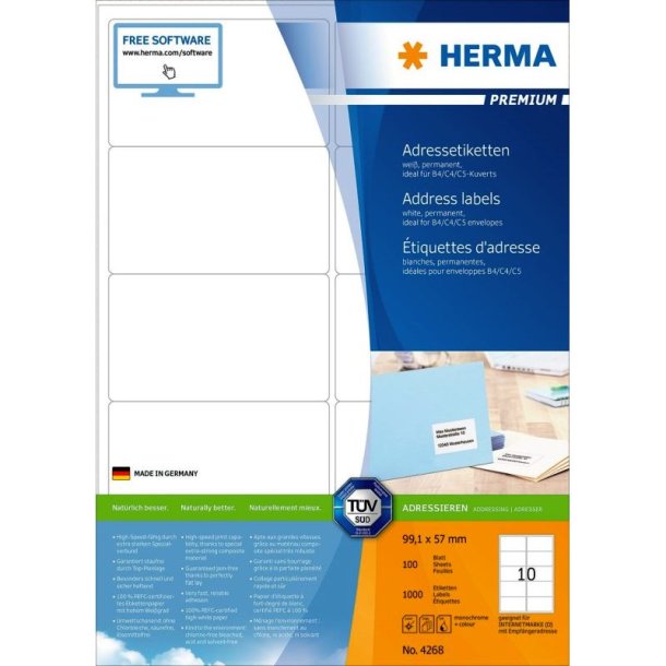 Herma etiketter - hvide p A4<br>99,1mmx57,0mm - 1000 etiketter<br>Premium permanent klb