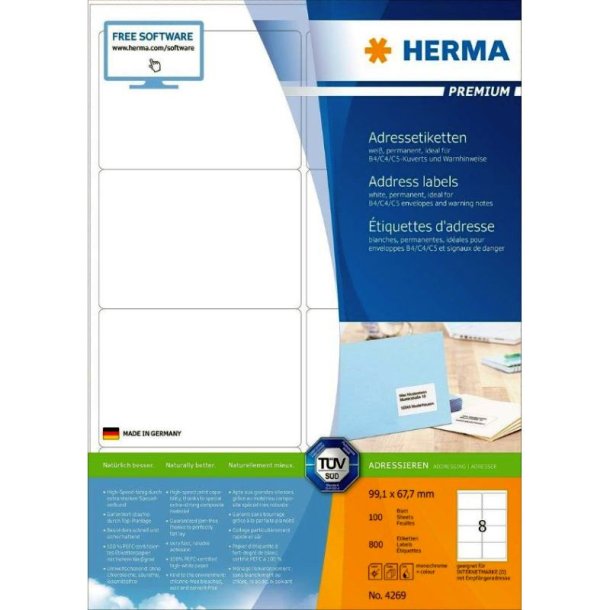 Herma etiketter - hvide p A4<br>99,1mmx67,7mm - 800 etiketter<br>Premium permanent klb