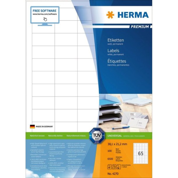 Herma etiketter - hvide p A4<br>38,1mmx21,2mm- 6500 etiketter<br>Premium permanent klb