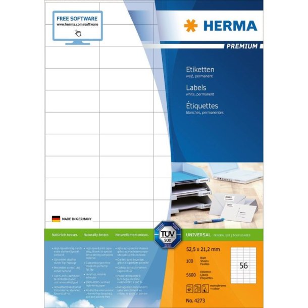 Herma etiketter - hvide p A4<br>52,5mmx21,2mm- 5600 etiketter<br>Premium permanent klb