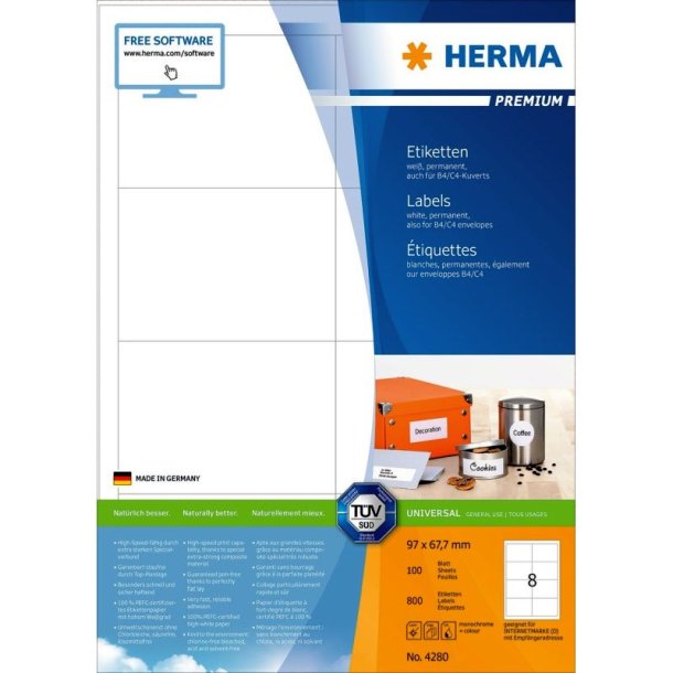 Herma etiketter - hvide p A4<br>97mmx67,7mm - 800 etiketter<br>Premium permanent klb