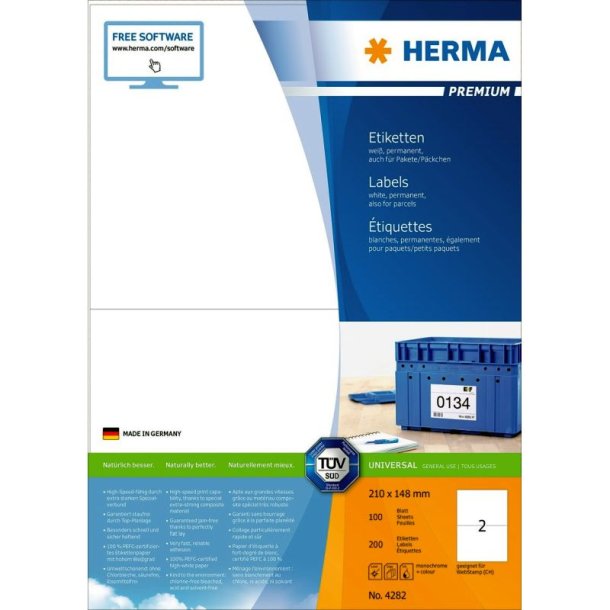 Herma etiketter - hvide p A4<br>210,0mmx148,0mm - 200 etiketter<br>Premium permanent klb