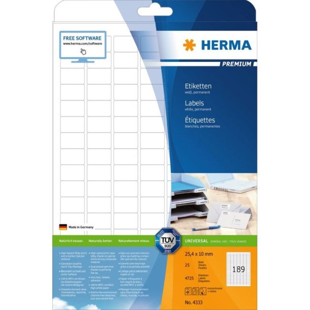 Herma etiketter - hvide p A4<br>25,4mmx10,0mm - 4725 etiketter<br>Premium permanent klb