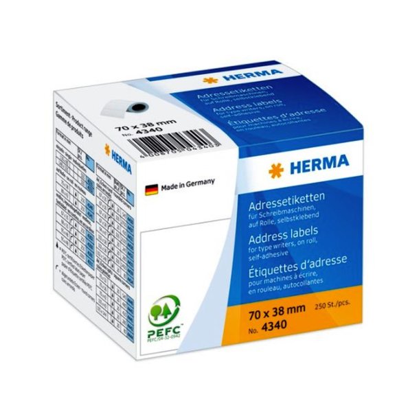 Herma adresseetiketter - p rulle<br>70,0mmx38,0mm - 250 etiketter<br>permanent klbende