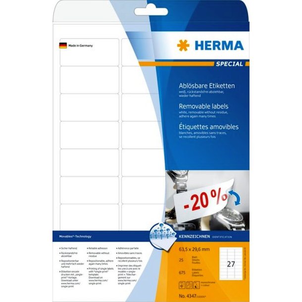 Herma etiketter - hvide p A4<br>63,5mmx29,6mm - 675 etiketter<br>aftagelige og flytbare