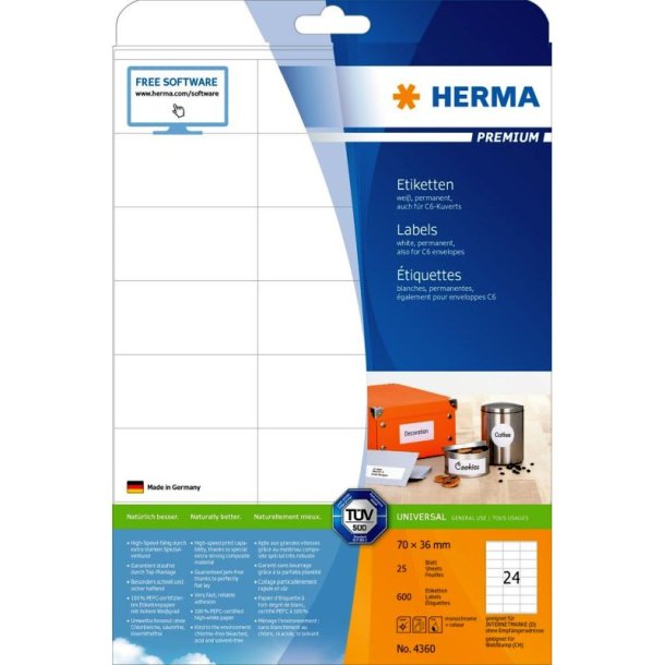 Herma etiketter - hvide p A4<br>70,0mmx36,0mm - 600 etiketter<br>Premium permanent klb