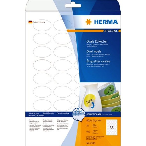 Herma etiketter - hvide p A4<br>oval - 40,6mmx25,4mm - 900 etiketter<br>aftagelige og flytbare