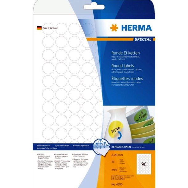 Herma 4386 runde selvklbende etiketter p A4 ark - 20 mm<br>2400 hvide etiketter