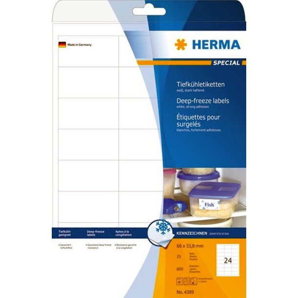 Herma fryseetiketter - hvide p A4<br>66,0mmx33,8mm - 600 etiketter<br>Permanent klbende til frys