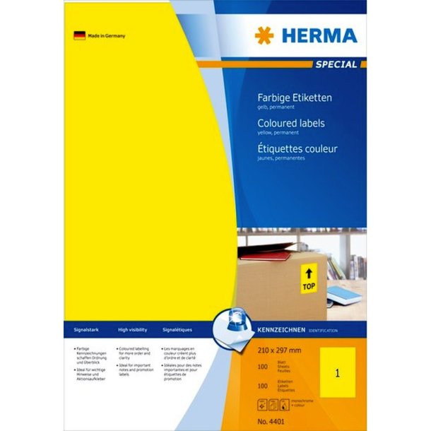 Herma selvklbende farvede etiketter p A4 ark - 210mmx297mm<br>100 perm. gule etiketter