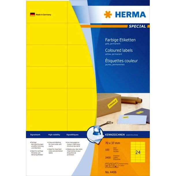 Herma selvklbende farvede etiketter p A4 ark - 70mmx37mm<br>2400 perm. gule etiketter