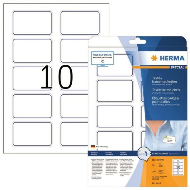 Herma navneetiketter - p A4 ark<br>80x50mm - 200 etiketter<br>selvklbende tj navneskilte