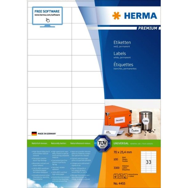 Herma etiketter - hvide p A4<br>70,0mmx25,4mm - 3300 etiketter<br>Premium permanent klb