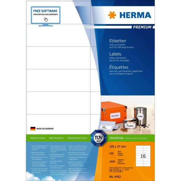 Herma etiketter - hvide p A4<br>105,0mmx37,0mm - 1600 etiketter<br>Premium permanent klb