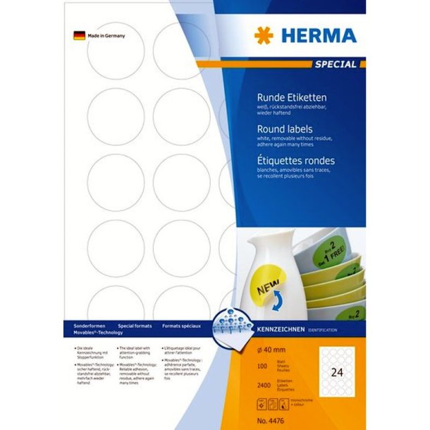 Herma 4476 runde selvklbende etiketter p A4 ark - 40 mm<br>2400 hvide etiketter