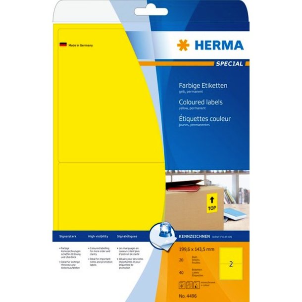 Herma selvklbende farvede etiketter p A4 ark - 199,6mmx143,5mm<br>40 aftagelige gule etiketter