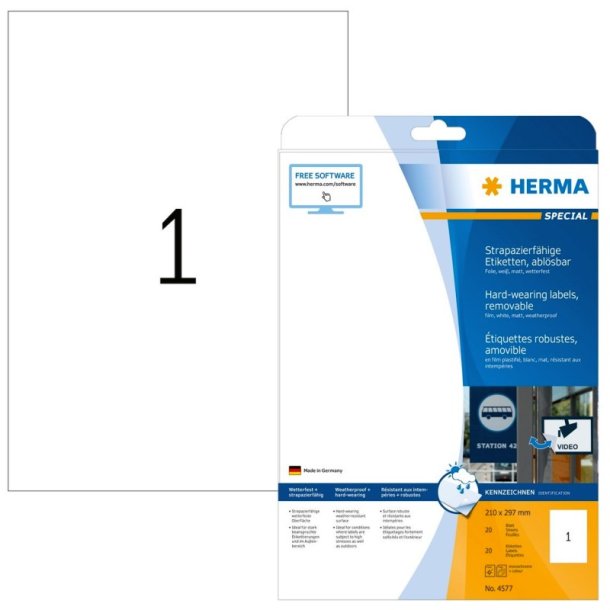 Herma etiketter - hvide p A4<br>210,0mmx297,0mm - 20 etiketter<br>Flytbare/aftagelige vandafvisende