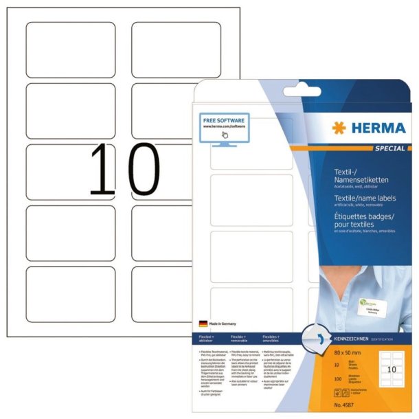 Herma navneetiketter - p A4 ark<br>80x50mm - 100 etiketter<br>selvklbende tj navneskilte