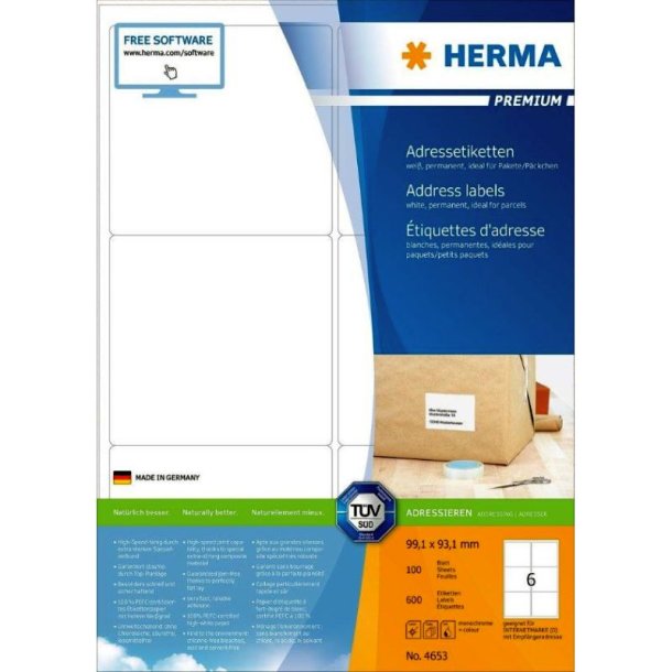 Herma etiketter - hvide p A4<br>99,1mmx93,1mm- 600 etiketter<br>Premium permanent klb