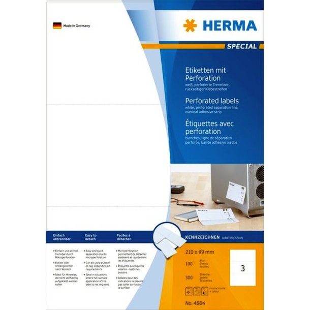 Herma etiketter - hvide Perforeret p A4<br>210,0mmx99,0mm - 300 etiketter<br>Premium permanent klb