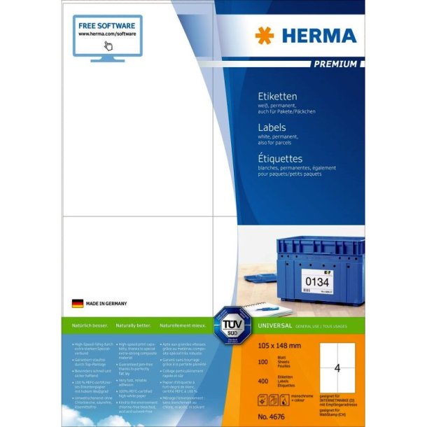 Herma etiketter - hvide p A4<br>105,0mmx148,0mm - 400 etiketter<br>Premium permanent klb