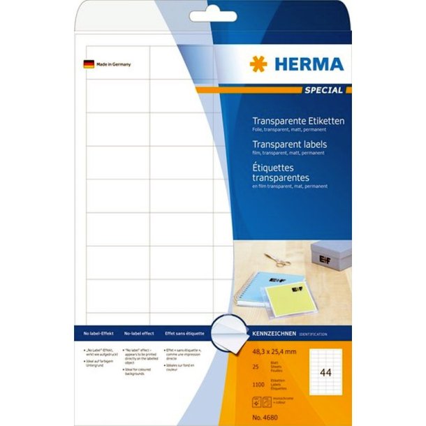 Herma etiketter - transparent p A4<br>48,3mmx25,4mm - 1100 etiketter<br>Permanente folielabels