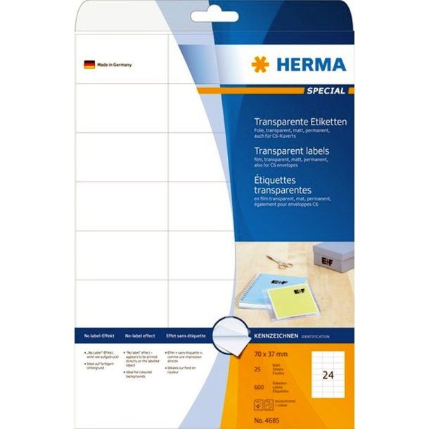 Herma etiketter - transparent p A4<br>70,0mmx37mm - 600 etiketter<br>Permanente folielabels