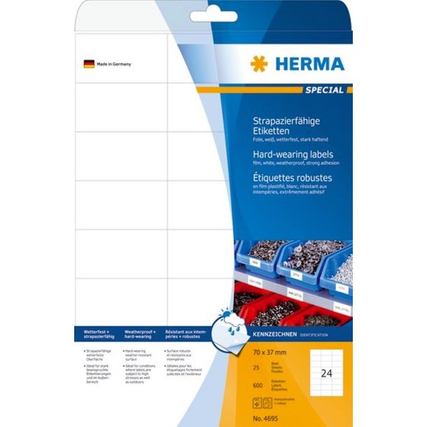 Herma etiketter - hvide p A4<br>70,0mmx37,0mm - 600 etiketter<br>ekstra strk folielabels