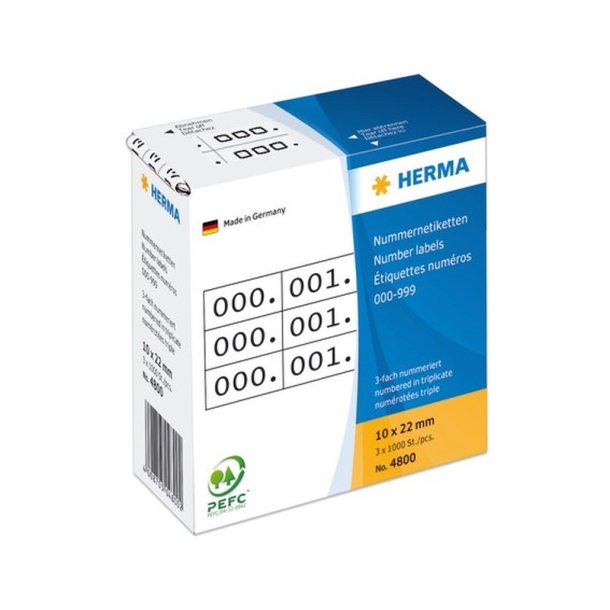 Herma tal - 0-999 - (ingen forslag) - rulle - selvklbende - 10x22mm - hvid - 3x1000 - stk.