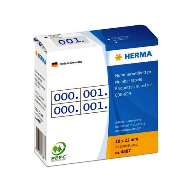 Herma tal - 0-999 - dobbeltrulle - selvklbende - 10x22mm - bl - 2x1000 - stk.