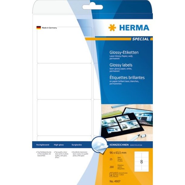 Herma etiketter - hvide p A4<br>96mmx63,5mm - 200 etiketter<br>Permanente Glossy labels