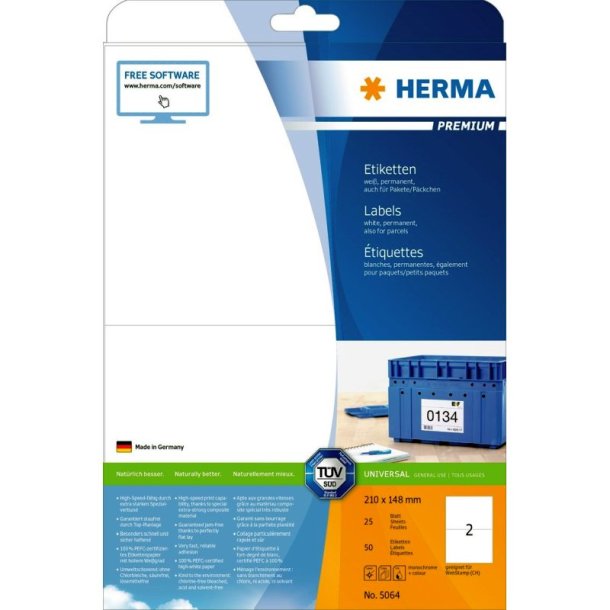 Herma etiketter - hvide p A4<br>210,0mmx148,5mm - 50 etiketter<br>Premium permanent klb