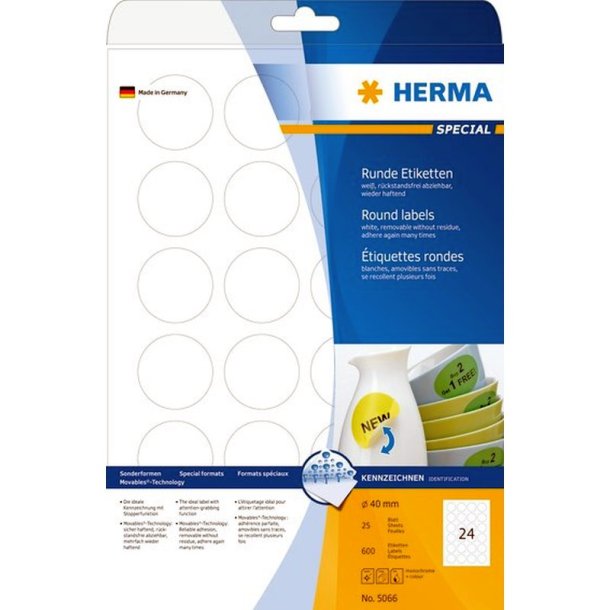 Herma 5066 runde selvklbende etiketter p A4 ark - 40 mm<br>600 hvide etiketter