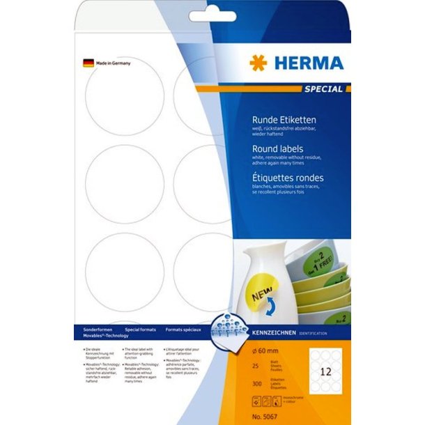 Herma 5067 runde selvklbende etiketter p A4 ark - 60 mm<br>300 hvide etiketter