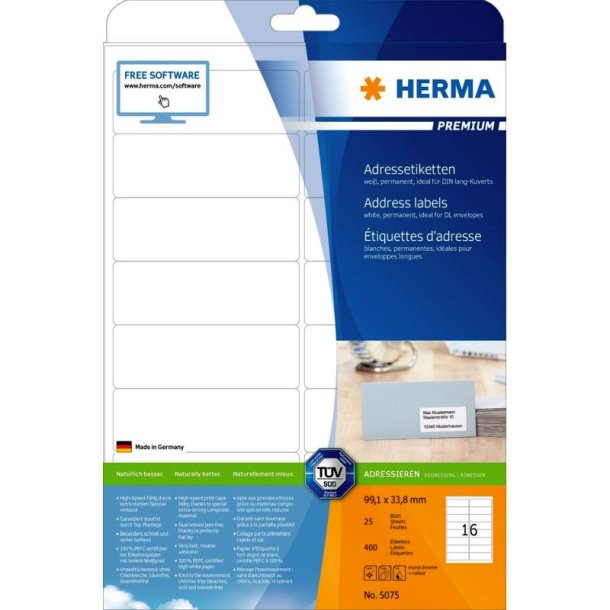 Herma etiketter - hvide p A4<br>99,1mmx33,8mm - 400 etiketter<br>Premium permanent klb