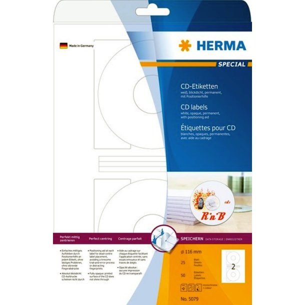 Herma etiketter til CD p A4 ark<br>hvide CD labels - 116/41,0mm<br>50 stk. etiketter print selv