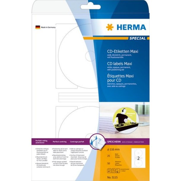 Herma etiketter til CD p A4 ark<br>hvide CD labels - 116/18,5mm<br>50 stk. etiketter print selv