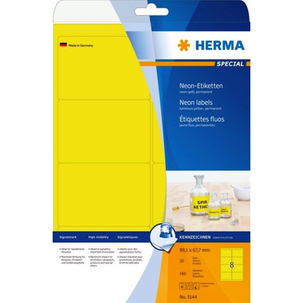 Herma selvklbende farvede etiketter p A4 ark - 99,1mmx67,7mm<br>160 perm. neon gule etiketter